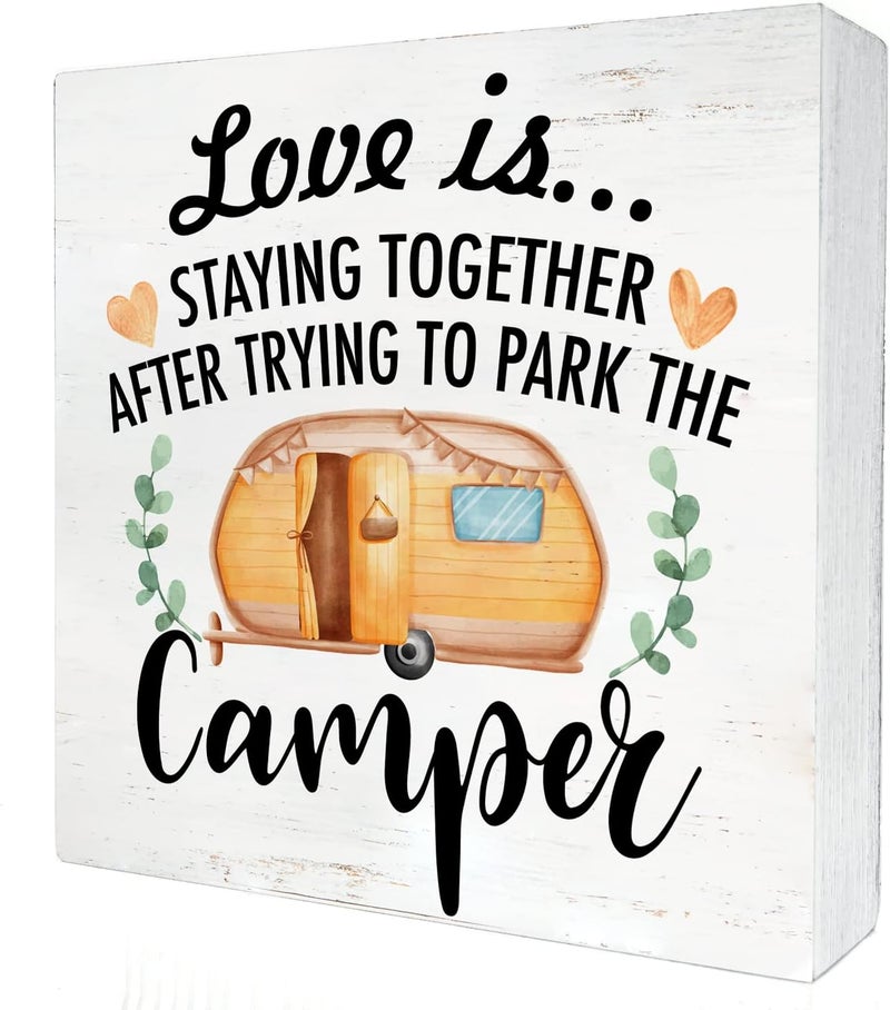 HDKY Funny Farmhouse Camping Wood Box Sign Home Decor Rustic RV Love is Staying Together Wooden Box Sign Block Plaque for Wall Tabletop Desk Decoration - Image 1